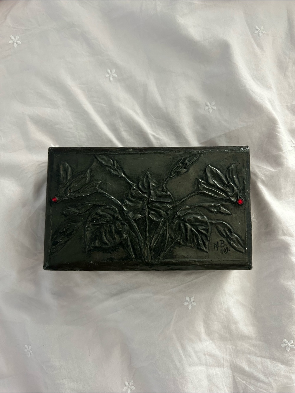 Antique Embossed Floral Black Trinket Box with Red Accents